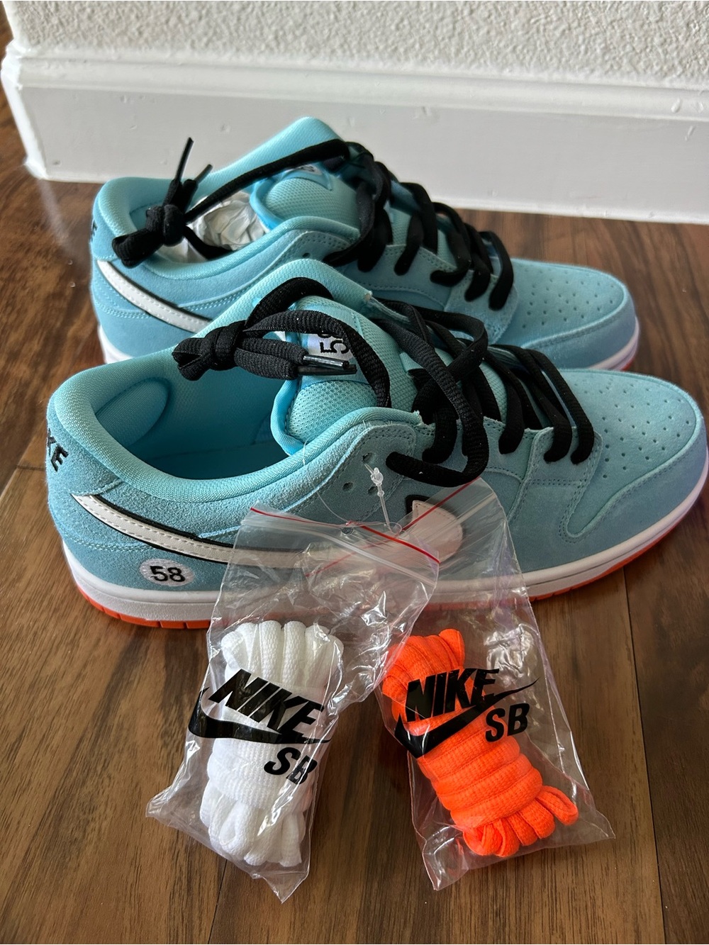 Nike Dunk Low Light Blue with White Swoosh and Orange Outsole - Picture 2 of 6